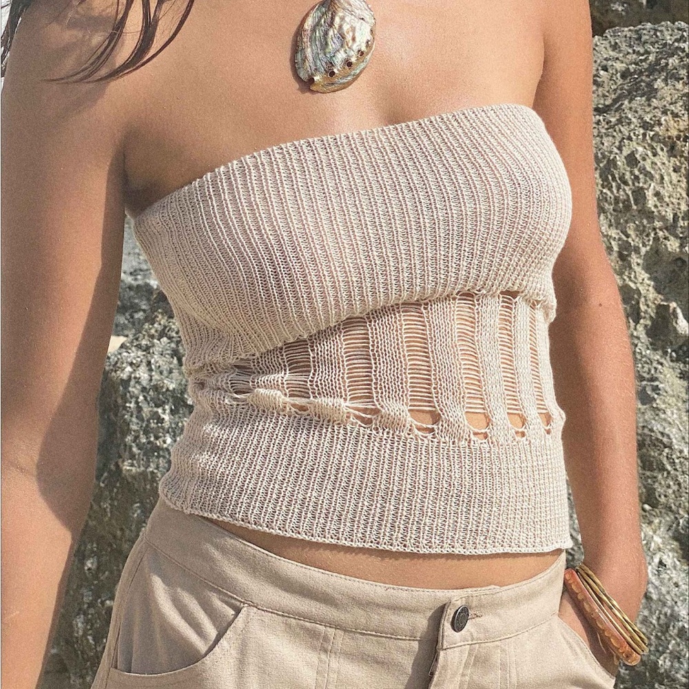 Motel Rocks Camille Knit Crochet Bandeau Tube Top in Neutral Cream